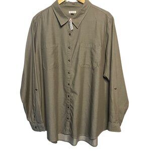 NWT Westport Women 3X Button-Up Shirt Olive Embroidered Pockets Roll-Tab Sleeve